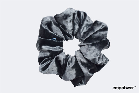 Charcoal Gray Crush Velvet Scrunchie with the Go Loop - Elegant Hair Accessory