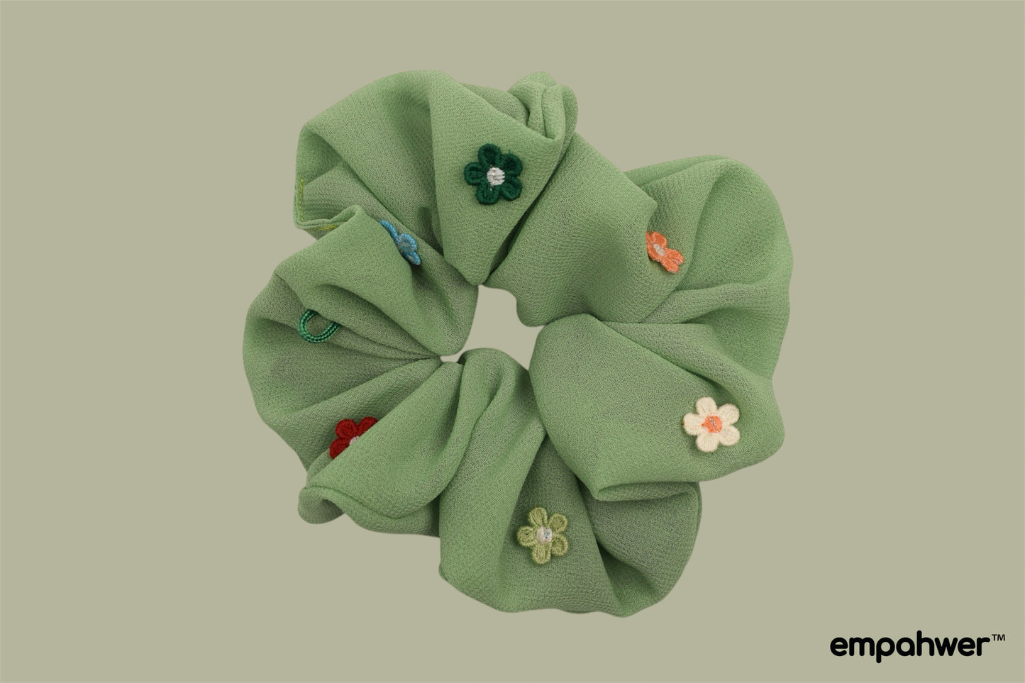 Green Scrunchie with Colorful Embroidered Floral Accents with the Go Loop – Empahwer Collection