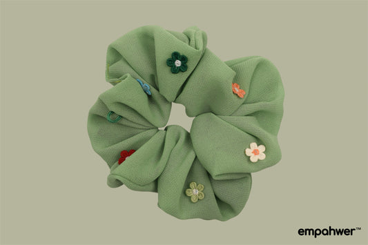 Green Scrunchie with Colorful Embroidered Floral Accents with the Go Loop – Empahwer Collection