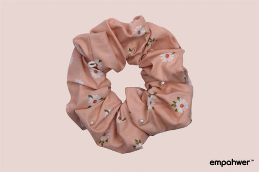 Peach Daisy Scrunchie with Pearls with the Go  Loop – Stylish Hair Accessory