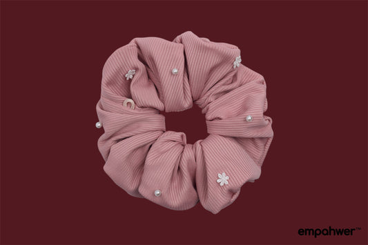Dusty Pink Scrunchie with the Go Loop – Pearl and Floral Embellished Hair Accessory