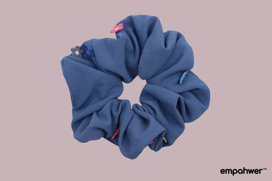 Blue Scrunchie with Embroidered Floral Accents with the Go Loop – Empahwer Collection