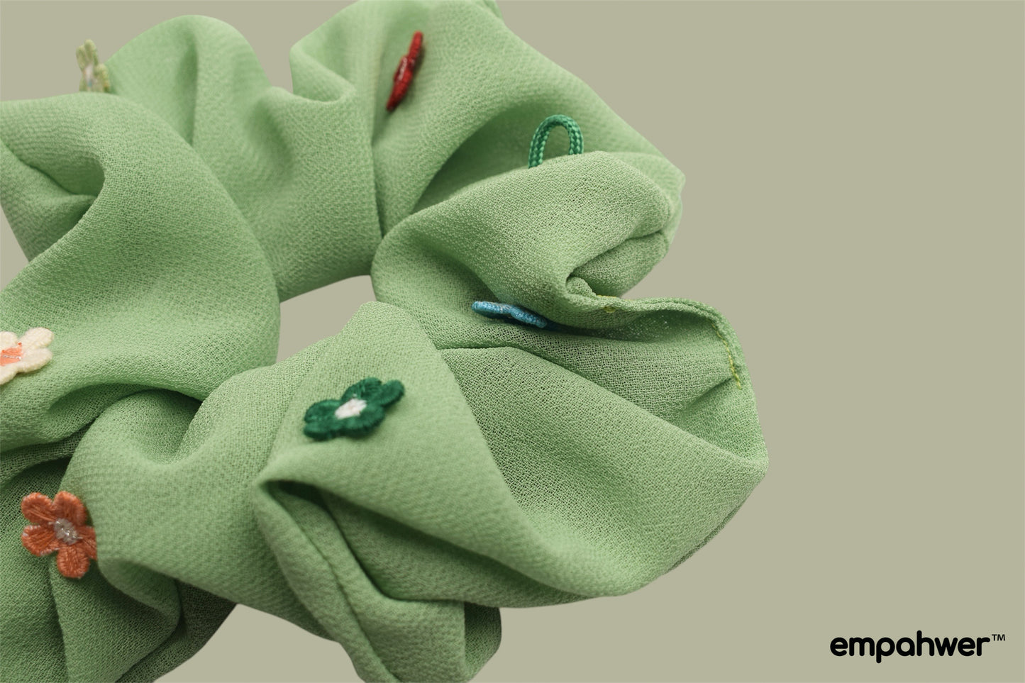 Green Scrunchie with Colorful Embroidered Floral Accents with the Go Loop – Empahwer Collection