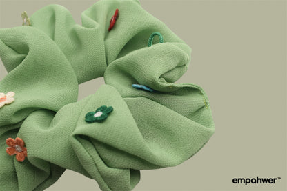 Green Scrunchie with Colorful Embroidered Floral Accents with the Go Loop – Empahwer Collection